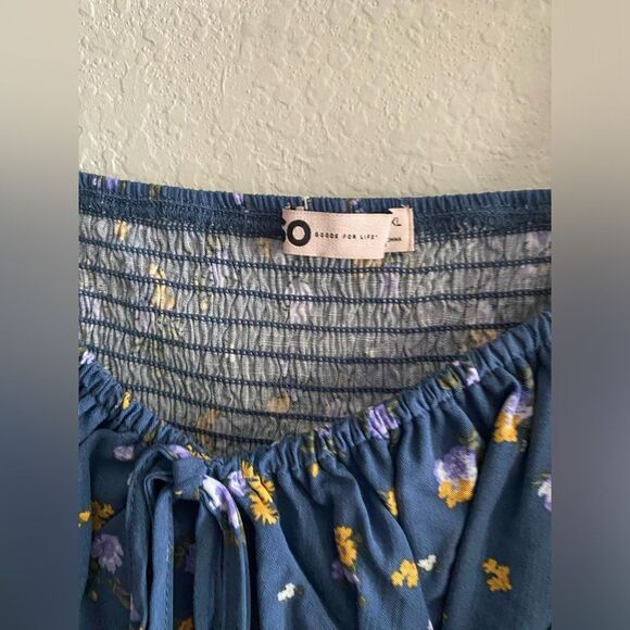 SO Junior’s Navy Floral Cropped Tie Front Puff Sleeve Blouse Top Shirred Back XL - Picture 5 of 6